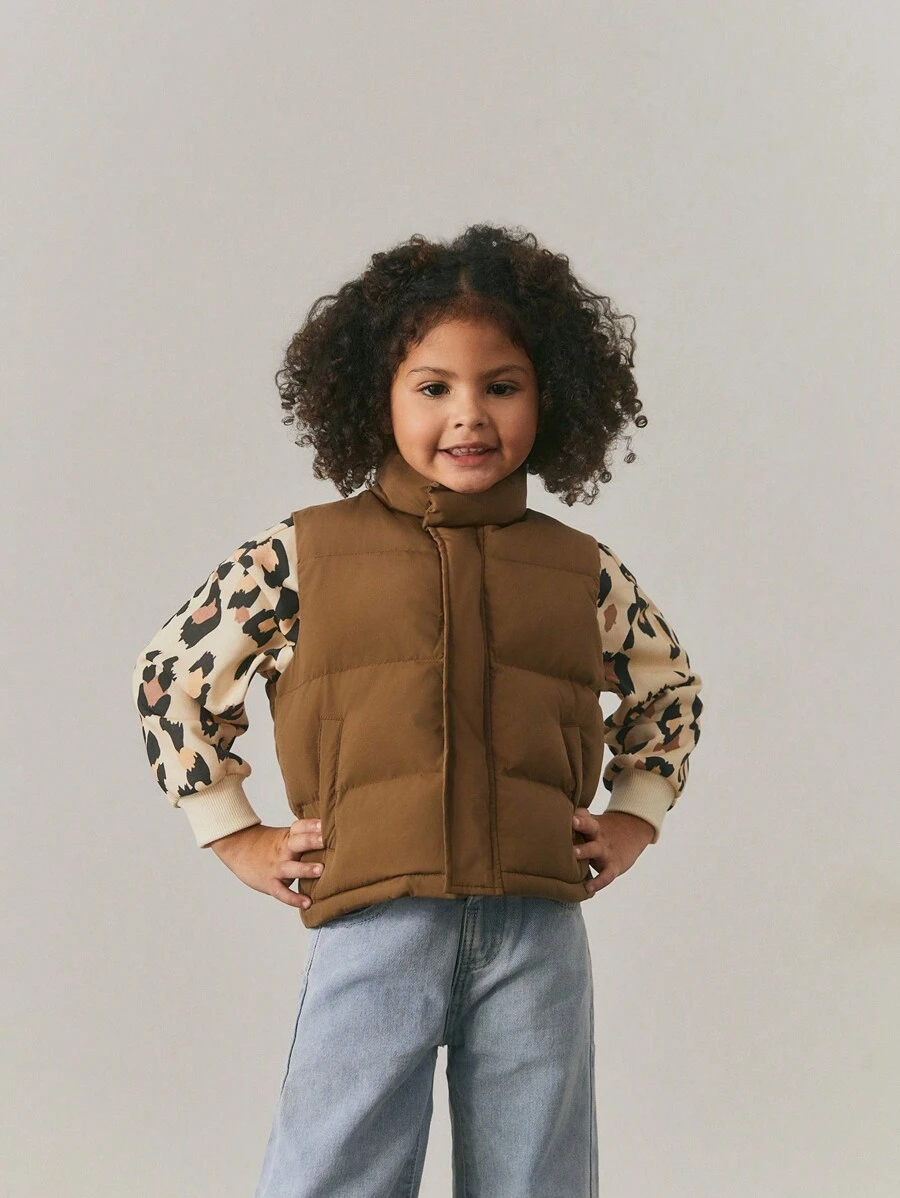 Maija Kids Maija Kids Young Girl Solid Color Thickened Mock Neck Vest, Casual - Khaki - View 1