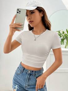 SHEIN EZwear 女士纯色圆领短袖休闲上衣，简约日常穿着 - 淺灰色 - 查看 4