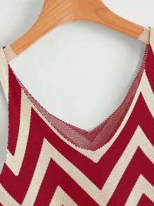 SHEIN EZwear 女士 V 领无袖条纹休闲针织上衣 - 紅色 - 查看 3