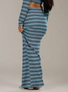 MUSERA Striped Rib Knit Maxi Skirt Spring Casual Y2k 90's - Blue - View 4