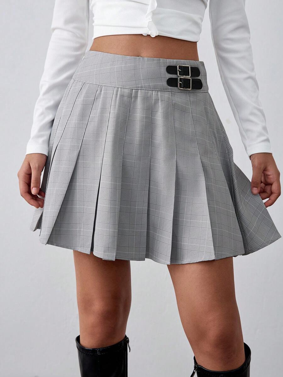SHEIN Unity Women's Plaid Pleated Waist Buckle Decor Pleated Mini Shorts - Light Grey - View 1