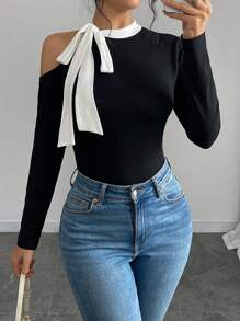 Chiquease Women Autumn/Winter Color Block Lace-Up Long Sleeve Base Layer T-Shirt Fall Cloth For Women - Black - View 1