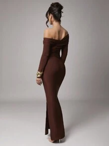 Silquee Women Elegant Solid Color Long Sleeve Shift Dress For Casual, Date, Party, Coffee Brown, Dresses For Women, Dress, Christmas Clothes Women