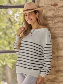 LanaWest Autumn/Winter Off Shoulder Striped Print Casual Office Wear Lantern Sleeve Loose Sweatshirt Pullover Fall