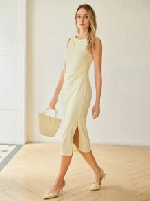 MOTF PREMIUM 纹理褶饰针织长裙 - 黃色 - 查看 4