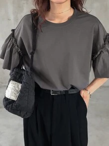 FRIFUL Women's Loose Casual Solid Color Cap Sleeve T-Shirt, Summer,Ruffle