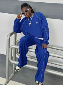 Manfinity VCAY Men's Loose Fit Crew Neck Long Sleeve Knit Sweatshirt Set, For Fall Winter - Blue - View 5