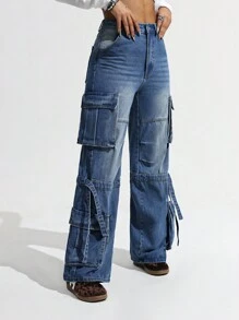 SHEIN ICON Y2K Streetwear Stylish Multi-Pocket Loose Cargo Jeans, Washed Denim Design, Flare Leg, Low Waist, All Season