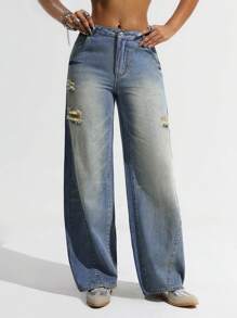 SHEIN Unity Pantalones anchos de mezclilla vintage de moda para mujer, estilo grunge - Lavado ligero - Ver 4