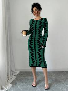 Elenzga 女士优雅提花针织紧身连衣裙 - 墨綠色 - 查看 6