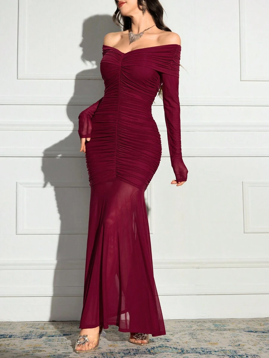 Modelyn Women's Elegant Solid Color Pleated Off Shoulder Long Sleeve Fishtail Hem Long Dress - Burgundy - View 1