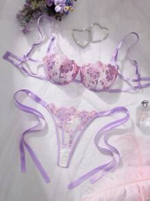2pcs Women Sky Blue Embroidered Lace Strap Underwear Lingerie Bra & Panty Set