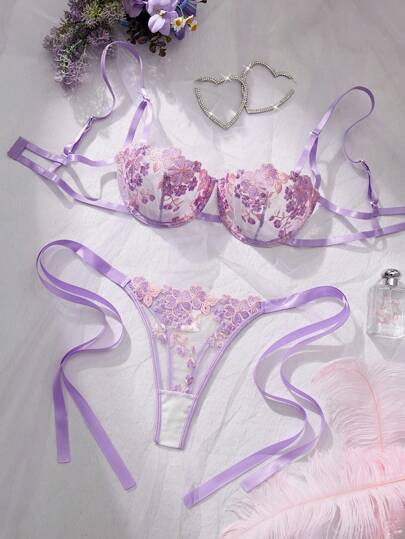 Women Sky Blauw Geborduurde Kanten Strap Underwear Lingerie BH Slipje Set view 5