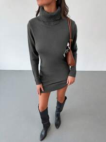 Aloruh New Style High Neck Comfortable Undershirt Versatile Coffee-Color Knitted Mini Bodycon Dress