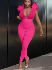 Slaydiva 2024 New Sexy Elegant White Sleeveless Mesh Splicing Exaggerated Shoulder Bandage Bodycon Jumpsuit, Perfect For Date & Holiday