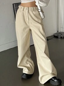 DAZY Pantaloni larghi in vita alta di colore tinta unita con tasche frontali con bottone per le donne