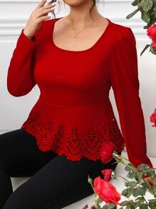 SHEIN Clasi Plus Size Women's Elegant Fitted Lace Patchwork T-Shirt - Red - View 4