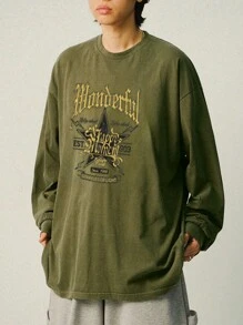 DAZY Men's Large Letter Print Green Long Sleeve T-Shirt,Fall Clothes - Green - View 4