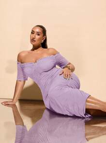 SHEIN BAE 大码女式夏季优雅弹力网眼单肩褶皱中长连衣裙，女士生日礼服