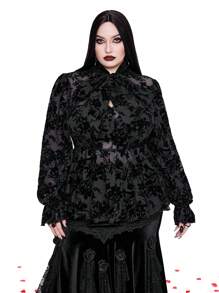 Whyspr Goth Punk Plus Size Women's Flocked Collar Bowknot Cuff Long Sleeve Punk Gothic Retro Elegant Blouse Fall Cloth For Women - Black - View 1