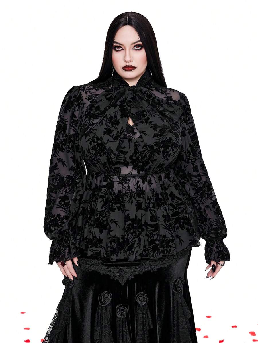 Whyspr Goth Punk Plus Size Women's Flocked Collar Bowknot Cuff Long Sleeve Punk Gothic Retro Elegant Blouse Fall Cloth For Women - Black - View 1