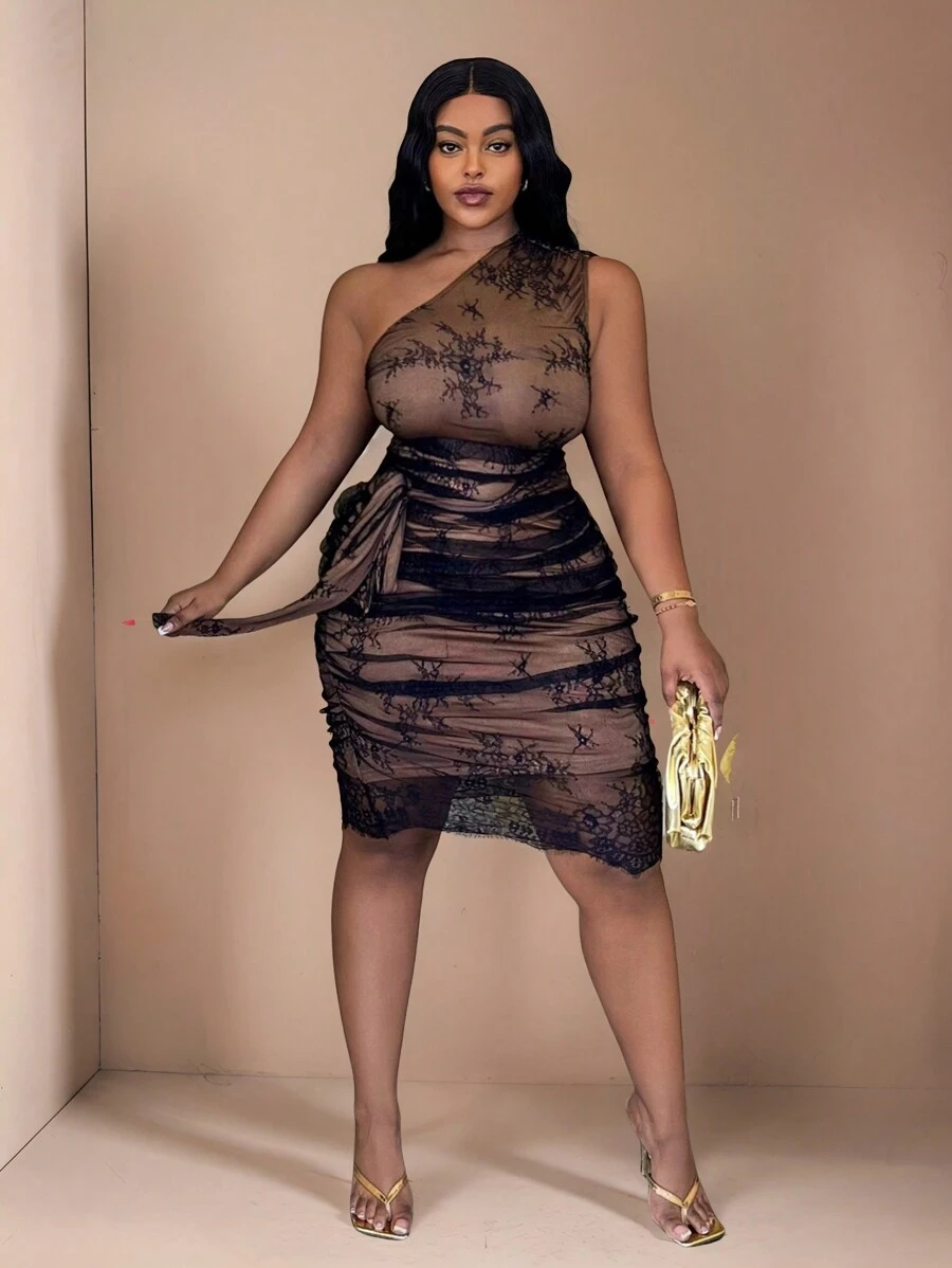 Slaydiva Valentine's Day Elegant Asymmetric Shoulder Ruched Tie Autumn Mini Dress - Z - Black - View 1