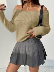 Chiquease Women's Solid Color Off Shoulder Long Sleeve Casual Sweater, Daily Wear Knit Pullover Fall Winter Sweater