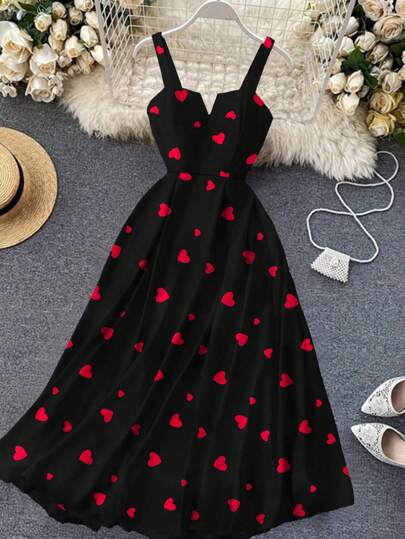 Franclia Vestido largo casual y sencillo 2025 nuevo con cuello en V, cintura y dobladillo en forma de A, estampado de corazones completo, tirantes anchos, elegante y lindo para el Día de San Valentín, vacaciones y citas