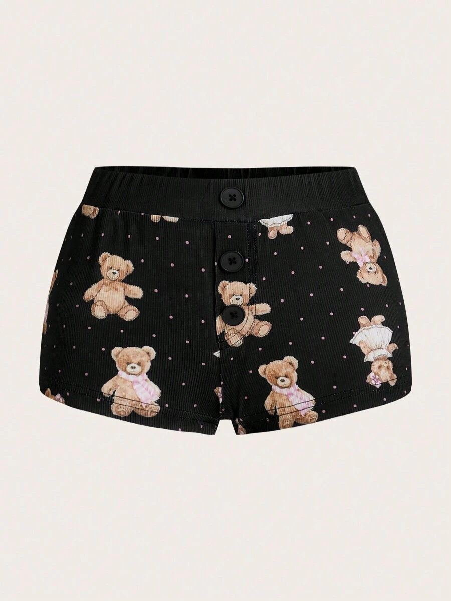 Sweetina Women Y2K House Pajama Cute Bear Print Shorts - Black - View 1