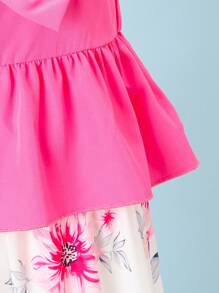 2Pcs/Set Pink Spaghetti Strap Bow Vacation Casual Outfit For Tween Girls - Hot Pink - View 4