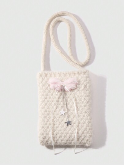 Kawaii 1pc Korean Minimalist Stylish Beige Knitted Bow, Pink Wings & Star Chain Decor Shoulder/Crossbody Bag, Suitable For Women/Girls Daily Use, Holiday Gift