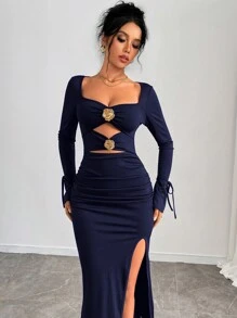 Chiquease 女士优雅镂空 3D 花卉褶皱修身开衩系带方领休闲性感连衣裙 适合 Y2K 春秋季