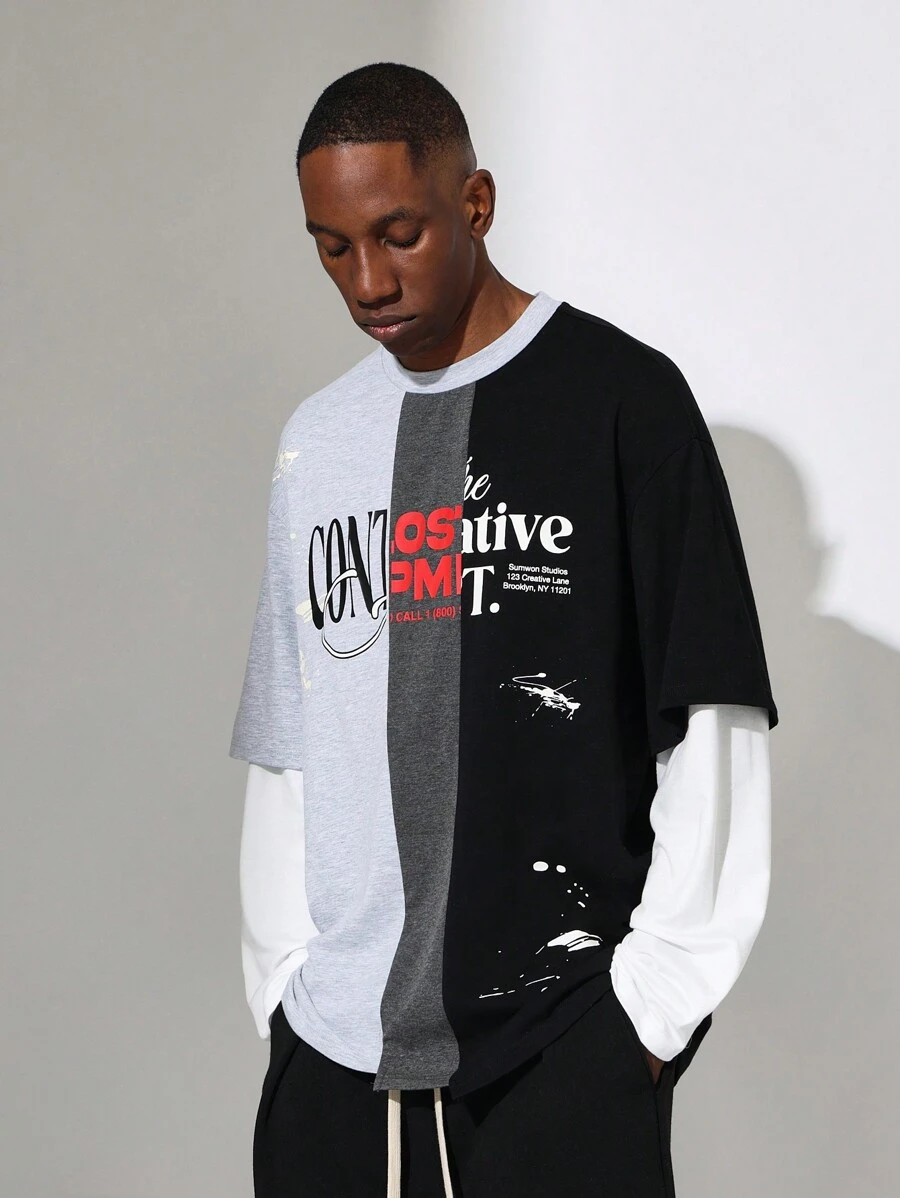 SUMWON Regular Fit Double Layer Sleeve Colour Block Tee With Graphic Print - Multicolor - View 1