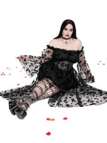 Whyspr Vestido sexy asimétrico de talla grande con diseño de nicho, color negro sólido, encaje, hombros descubiertos y bajo maxi para outfit gótico de mujer