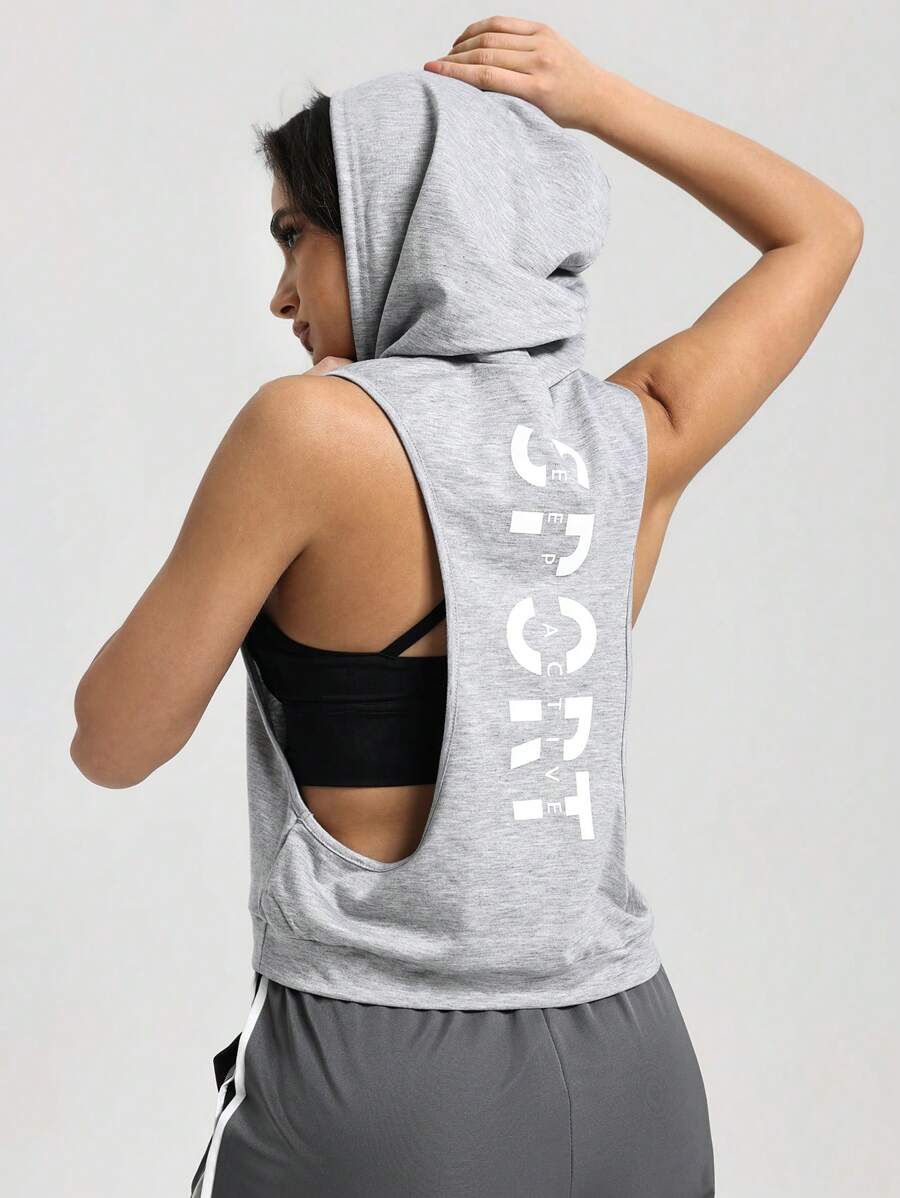 SHEIN Sports Women Letter Print Sleeveless Casual Hooded Sweatshirt For Dance & Fitness - Light Grey - View 1