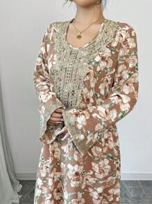 Al Najma 简约全印花圆领长袖长款阿巴亚套装，朴素的卡夫坦