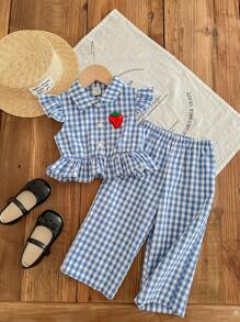 SHEIN LMoss Kids Baby Girl LMoss Cute Plaid Cap Sleeve Top And Pants Set, Summer