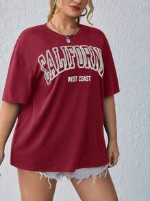 SHEIN EZwear Plus Letter Graphic Drop Shoulder Tee California Plus Size T-Shirt - Burgundy - View 5