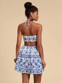 Travachic Women's Halter All-Over Print Hollow-Out Casual Short Dress