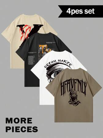 Manfinity Roghcode 4pcs Plus Size Men's Casual Printed Round Neck Short Sleeve T-Shirt