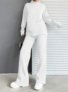 EURMUSE 2pcs Women's Sweater Set, Solid Color Top And Long Pants - White - View 4