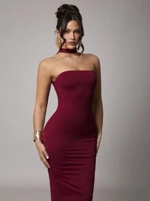 Silquee Women's Solid Red Stretchy Knit Fabric Double-Layer Halter Backless Dress, Suitable For Cocktail Party, Romantic Date, Formal Party, Wedding, Bridesmaid Dress, Evening Gown, Halloween Costume, Christmas Holiday, Valentine's Day, Everyday Wear