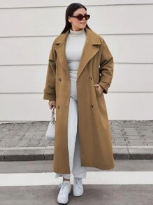 RueChic Double Breasted Button Detailed Drop Shoulder Long Overcoat - Rust Brown - View 4