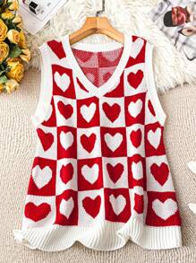 SHEIN LUNE V 领心形图案超大红色毛衣背心，情人节 - 彩色 - 查看 1