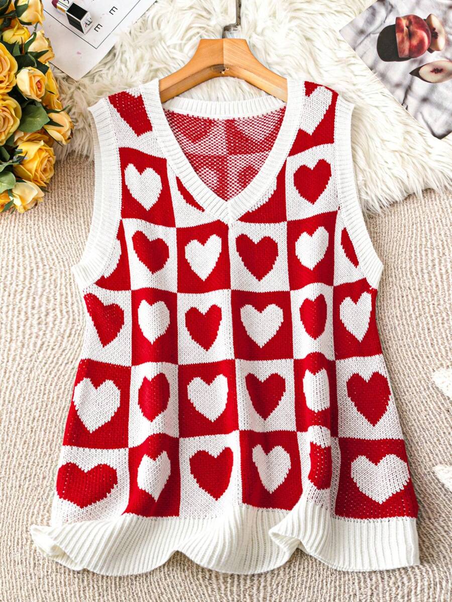 SHEIN LUNE V 领心形图案超大红色毛衣背心，情人节 - 彩色 - 查看 1