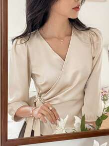 DAZY Elegant French Style V-Neck Satin Long Sleeve Tie-Waist Blouse For Women