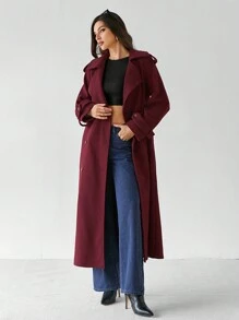SHEIN Tall Chaqueta larga de manga larga con botones delanteros sencilla de color borgoña, abrigo largo de lana burdeos vintage de uso casual diario, abrigado y grueso para disfraces de invierno de Acción de Gracias, Halloween, Navidad y otoño para mujeres