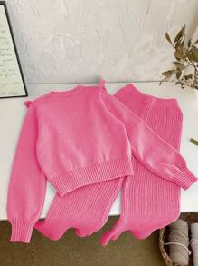 2 pièces Top de sweater à manches longues avec col volant et pantalon en tricot de couleur unie, ensemble pour préadolescentes