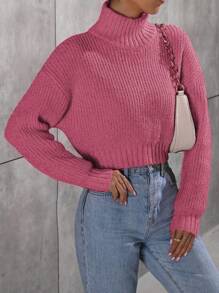 Flirla Suéter minimalista de cuello alto y manga larga de unicolor para mujer, para uso casual diario