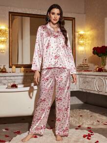 LuxeNights Bow & Heart Print Faux Silk Lapel Long Sleeve Pajama Set